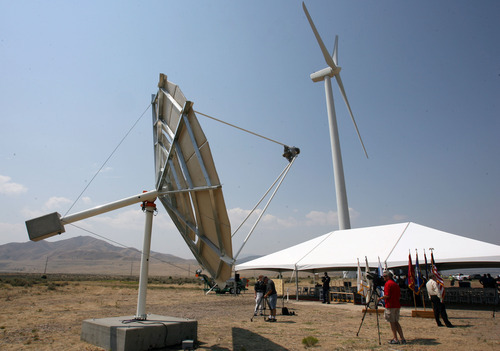 Steve Griffin | The Salt Lake Tribune


 Groundbreaking ceremony, at Tooele Army Depot, for an array of solar turbines pictured in back.  Infinia Corp., an Ogden company, is making the dish-shaped solar collectors called PowerDishes. The ceremony was at the Tooele Army Depot in Tooele, Utah Friday August 17, 2012.