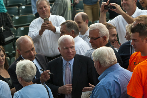 Chris Detrick  |  The Salt Lake Tribune
Sen. John McCain talks with supporters during a rally for Mia Love at the Utah Cultural Celebration Center Thursday August 16, 2012.  John McCain spoke Thursday evening to a crowd of about 250 at a rally for the Love campaign, part of a swing through Western states by the 2008 Republican presidential nominee. Love is squaring off against Democratic Rep. Jim Matheson in the state's new 4th District Congressional District.