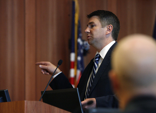 Scott Sommerdorf  |  The Salt Lake Tribune             
Prosecutor Pat Finlinson gives his closing remarks in the trial of Roberto Miramontes Román in court in Spanish Fork, Friday, August 17, 2012.