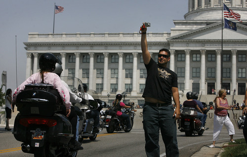 Scott Sommerdorf  |  The Salt Lake Tribune             
Riders arrive at the State Capitol for a ceremony honoring Ogden police Officer Jared Francom and Utah Highway Patrol Trooper Aaron Beesley. The ride, which featured roughly 4,200 riders, left Lindon and ended at the state Capitol in Salt Lake City, Sunday, August 19, 2012.
