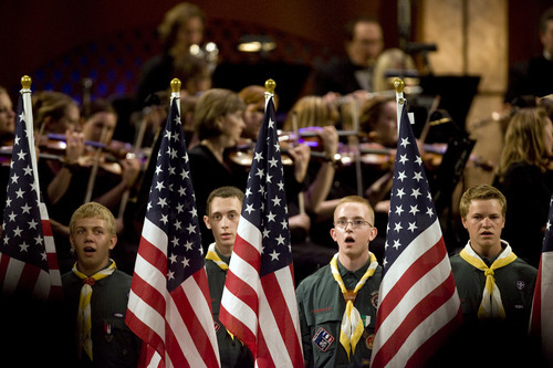 Kim Raff |  The Salt Lake Tribune
The Boys Scouts of America goes on stage during 