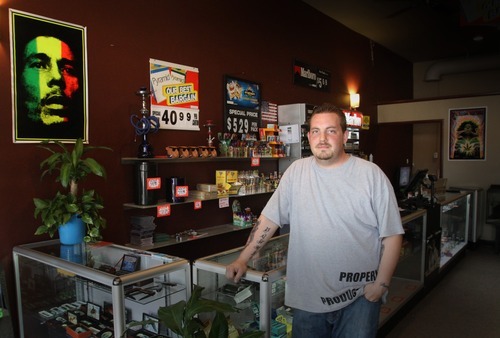 Rick Egan  | The Salt Lake Tribune 
Kody Bowman, owner of Smoky Town Smokes shop in Magna, is in favor of a proposed tobacco shop ordinance expected to be adopted Tuesday by the Salt Lake County Council that will crack down on stores illegally selling synthetic marijuana products, also known as 