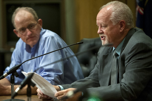 Chris Detrick  |  The Salt Lake Tribune
Bill Barron listens as Shaun McCausland speaks in a Senate debate at Bountiful City Council Chambers Tuesday August 21, 2012.