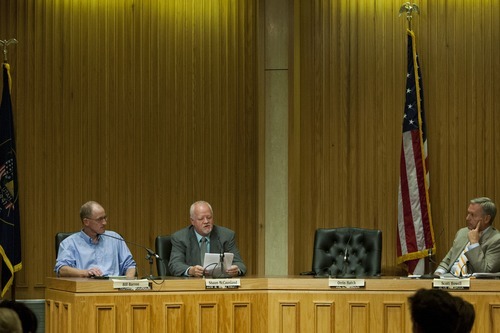 Chris Detrick  |  The Salt Lake Tribune
Bill Barron, Shaun McCausland and Scott Howell participate in a Senate debate at Bountiful City Council Chambers Tuesday August 21, 2012.