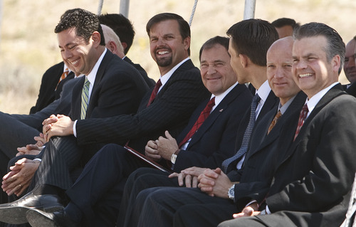 Leah Hogsten  |  The Salt Lake Tribune
l-r Jason Chaffetz, U.S. Representative for Utah's 3rd congressional district, Jim Loveland, President and Ceo of Xactware Solutions and Utah Governor Gary Herbert share a laugh during the groundbreaking for the new offices of Xactware Corporation August 23, 2012 on West Morning Glory Road in Lehi. Xactware's software is used by contractors, insurance companies and others to estimate building repair costs. The company plans to invest $130 million in a new 250,000-square-foot campus $32 million the company received in tax incentives from the state. The company plans to hire more than 800 people over the next two decades.