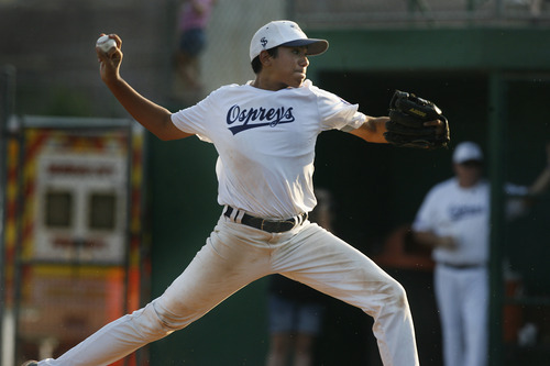 Scott Sommerdorf  |  The Salt Lake Tribune             
Ospreys pitcher Moises Pichardo throws during the seventh inning as the Jacksonville Ospreys beat the Twin Cities Twins 8-4 in the Babe Ruth World Series played at Ken Price Field in Murray, Thursday, August 24, 2012.