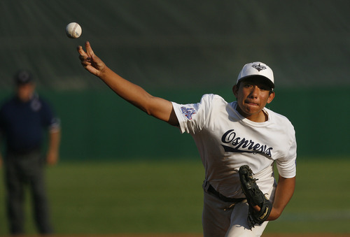 Scott Sommerdorf  |  The Salt Lake Tribune             
Ospreys pitcher Moises Pichardo throws during his complete game win as the Jacksonville Ospreys beat the Twin Cities Twins 8-4 in the Babe Ruth World Series played at Ken Price Field in Murray, Thursday, August 24, 2012.