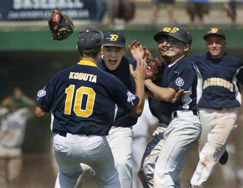 Scott Sommerdorf  |  The Salt Lake Tribune             
The Brancburg (NJ) Bulldogs celebrate after they defeated the Jacksonville (FL) Ospreys 7-5 to win the Babe Ruth World Series, Saturday, August 25, 2012 in Murray.