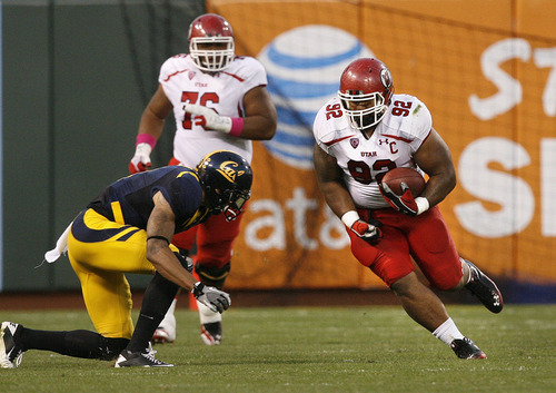 Scott Sommerdorf  |  The Salt Lake Tribune             
At one point Utah defensive tackle Star Lotulelei (92) seemed to be the big offensive star for the Utes on this faked punt that gained a first down during second half play. Jon Hayes later threw an interception to stop the drive. The Cal Bears beat Utah 34-10 at AT&T Park in San Francisco, Saturday, October 22, 2011.