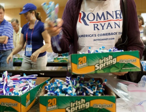 Trent Nelson  |  The Salt Lake Tribune
Delegates from Utah, Arizona and Hawaii assemble hurricane aid packets at the Hilton Hotel in Tampa, Florida, Monday, August 27, 2012, the day before the Republican National Convention kicks off.