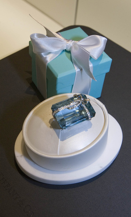 Paul Fraughton | The Salt Lake Tribune
A $100,000 brooch with a 73-carat aquamarine and 82 round diamonds on display at the new Tiffany store opening in City Creek Center.