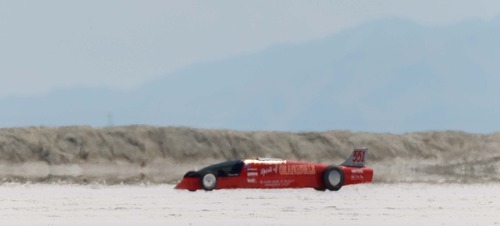 Trent Nelson  |  The Salt Lake Tribune
The Spirit of Orangevale races down the track at the 64th annual Speed Week at the Bonneville Salt Flats, Saturday, Aug. 11, 2012.