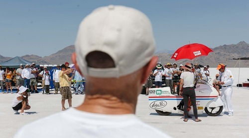 Trent Nelson  |  The Salt Lake Tribune
The scene at the starting line at the 64th annual Speed Week at the Bonneville Salt Flats, on Saturday, Aug. 11, 2012.
