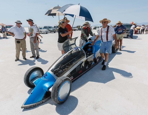 Trent Nelson  |  The Salt Lake Tribune
Driver Don Biglow waits for his turn at the starting line at the 64th annual Speed Week at the Bonneville Salt Flats, Saturday, Aug. 11, 2012.