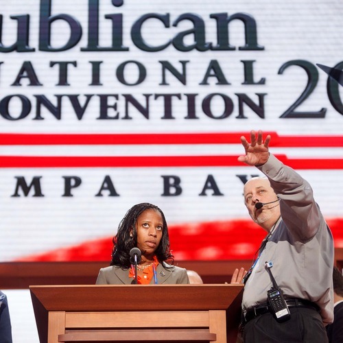 Trent Nelson  |  The Salt Lake Tribune
Utah Congressional candidate Mia Love gets a walk-through for her speech (scheduled for Tuesday) at the Republican National Convention in Tampa, Florida, Monday, August 27, 2012.