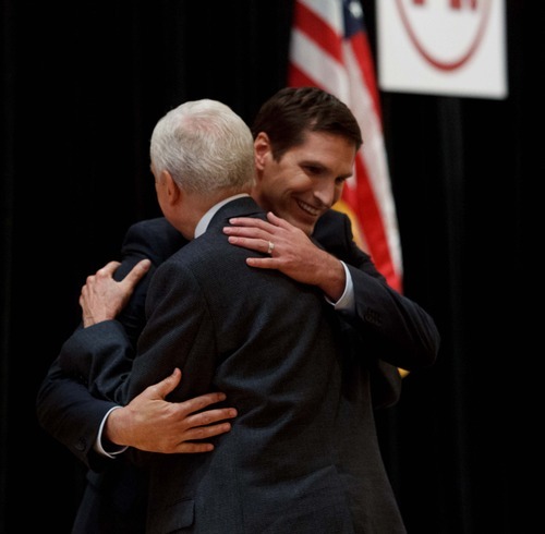 Trent Nelson  |  The Salt Lake Tribune
Mitt Romney's son Josh Romney embraces Senator Orrin Hatch after speaking to the Utah delegation at a breakfast honoring Hatch (