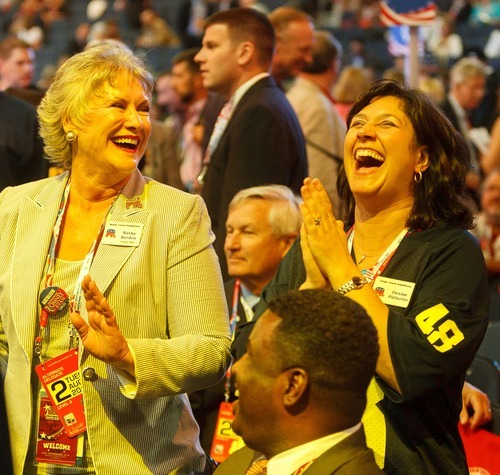 Trent Nelson  |  The Salt Lake Tribune
Delegates dance during a musical interlude on the first day of the Republican National Convention in Tampa, Florida, Tuesday, August 28, 2012.