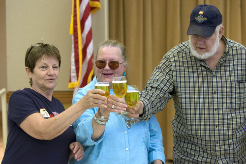 Paul Fraughton | Salt Lake Tribune
The Taylorsville Senior Center celebrated serving its 100,000th lunch by honoring the 99,999th diner Ella Manczuk, left, Deborah Van Natta, the 100,000th, and Allan Higbee, who was served the first lunch at the center in 2002. Wednesday, August 29, 2012