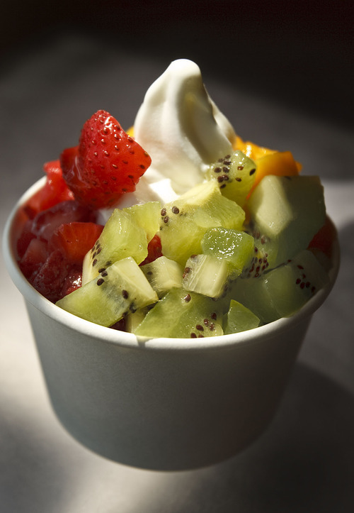 Leah Hogsten  |  The Salt Lake Tribune
LunaBerry Frozen Yogurt's  plain nonfat frozen yogurt with kiwi, strawberries and mango.
