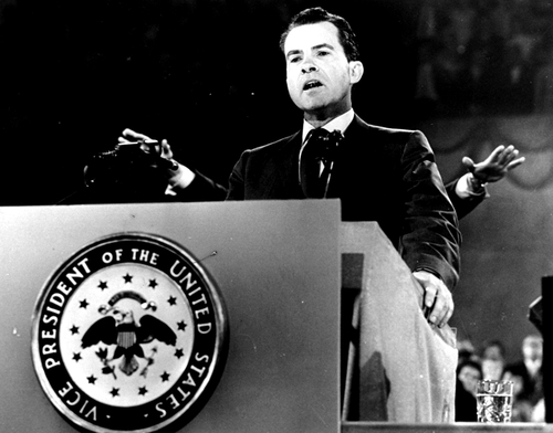 FILE - In this July 28, 1960 black-and-white file photo, Vice President Richard M. Nixon speaks at the Republican National Convention in Chicago, to accept the GOP presidential nomination. Mitt Romney did not mention the war in Afghanistan, where 79,000 US troops are fighting, in his speech accepting the Republican presidential nomination on Thursday. The last time a Republican presidential nominee did not address war was 1952, when Dwight Eisenhower spoke generally about American power and spreading freedom around the world but did not explicitly mention armed conflict. Below are examples of how other Republican nominees have addressed the issue over the years, both in peacetime and in war.  (AP Photo/File)