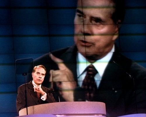 FILE - In this Aug. 15, 1996 file photo, Republican presidential nominee Bob Dole delivers his acceptance speech during the Republican National Convention in San Diego. Mitt Romney did not mention the war in Afghanistan, where 79,000 US troops are fighting, in his speech accepting the Republican presidential nomination on Thursday. The last time a Republican presidential nominee did not address war was 1952, when Dwight Eisenhower spoke generally about American power and spreading freedom around the world but did not explicitly mention armed conflict. Below are examples of how other Republican nominees have addressed the issue over the years, both in peacetime and in war.  (AP Photo/Marta Lavandier, File)