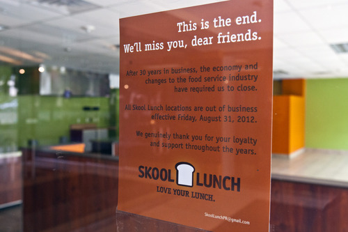 Chris Detrick  |  The Salt Lake Tribune
A sign posted on the doors of the Skool Lunch on South Temple Friday announced the location was closed and thanked customers.