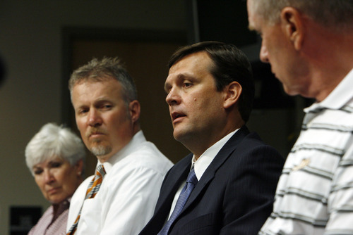 Francisco Kjolseth  |  The Salt Lake Tribune
The Utah Jazz officially name Dennis Lindsey, center, as their new general manager during a press announcement at the Jazz practice facility on Tuesday, August 7, 2012. Jazz owner Gail Miller and CEO Greg Miller attended the event, sharing the stage with Kevin O'Connor and president Randy Rigby.