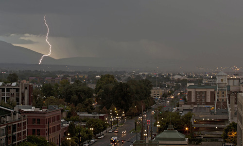 Lennie Mahler  |  The Salt Lake Tribune
Lightning strikes southeast of Salt Lake City on Saturday, Sept. 1, 2012.