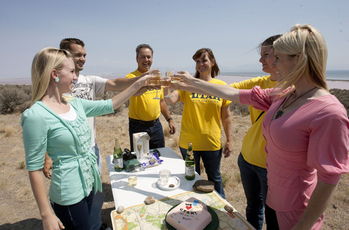 Steve Griffin | The Salt Lake Tribune
Ken and Brenda Gallacher, back center, are joined by two of their children, Angela Gallacher, second from right, and Mike Gallacher, and their daughters in-laws, Amanda Gallacher and Robyne Gallacher, for a toast at Promontory Point on Aug. 20, 2012. The trip is part of a 30-year quest to visit 600 Utah locations.