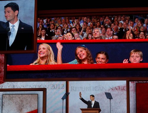 Trent Nelson  |  The Salt Lake Tribune
Paul Ryan, the Republican nominee for vice president, waves to his wife and children during his speech at the Republican National Convention in Tampa, Fla., Wednesday, Aug. 29, 2012.