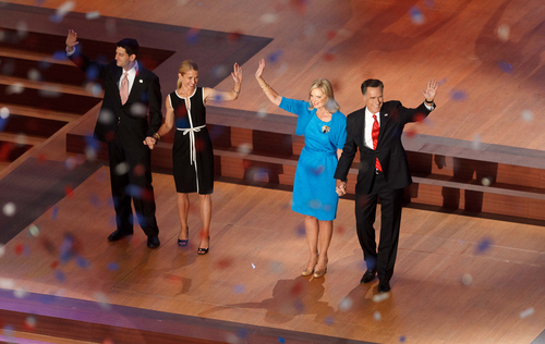 Trent Nelson  |  The Salt Lake Tribune
Paul Ryan, Janna Ryan, Ann Romney and Mitt Romney wave at the close of the Republican National Convention in Tampa, Fla., Thursday, Aug. 30, 2012.