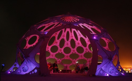 Rick Egan  | The Salt Lake Tribune 
One of the Zomes of Zonotopia glows Firday night, Aug. 31, 2012, during Burning Man 2012 in the Black Rock Desert, Nev.