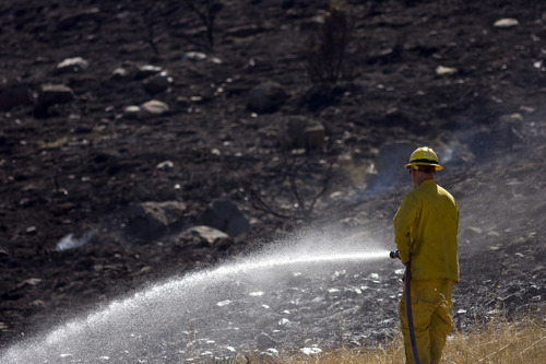 Kim Raff | The Salt Lake Tribune
Firefighters work to contain a brush fire in Wanship, Utah on September 5, 2012.  The fast moving brush fire forced some residents to evacuate.