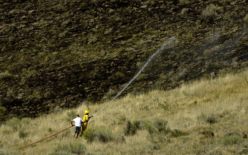 Kim Raff | The Salt Lake Tribune
Firefighters work to contain a brush fire in Wanship, Utah on September 5, 2012.  The fast moving brush fire forced some residents to evacuate.