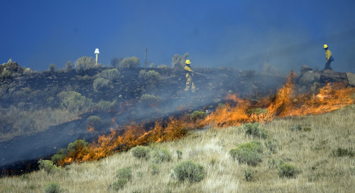 Kim Raff | The Salt Lake Tribune
Firefighters work to contain a brush fire flare up in Wanship, Utah on September 5, 2012. The fast moving brush fire forced some residents to evacuate.