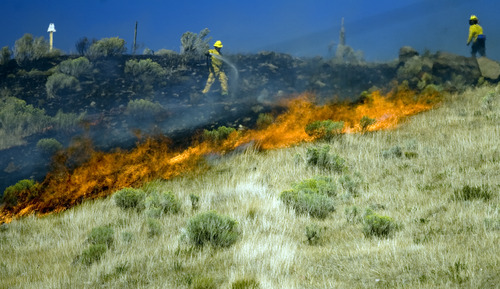 Kim Raff | The Salt Lake Tribune
Firefighters work to contain a brush fire flare up in Wanship, Utah on September 5, 2012.  The fast moving brush fire forced some residents to evacuate.