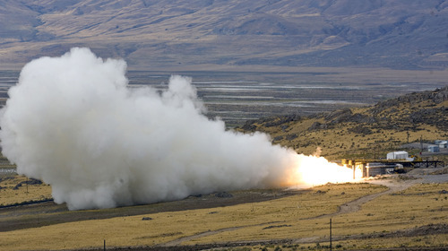 Al Hartmann  |  The Salt Lake Tribune
Alliant Techsystems tests the GEM-60 solid rocket motor  Thursday, Sept. 6, at ATK's testing facility west of Brigham City.   The 60-inch diameter graphite epoxy motor is a commercially provided low-cost propulsion system. The test motor burned for 90 seconds.