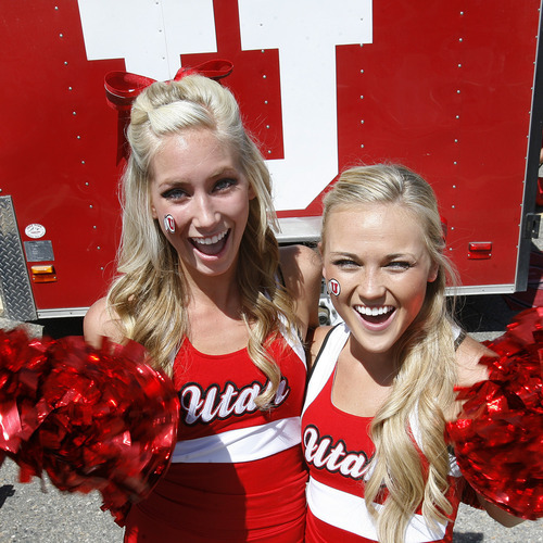 Scott Sommerdorf  |  The Salt Lake Tribune             
Picturing Utes: University of Utah cheerleaders Jordan Hash, left, and Emily Harrington stopped by the tailgating party prior to the Northern Colorado game on Aug. 30, 2012.