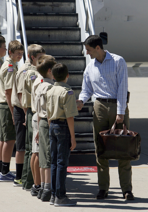 Francisco Kjolseth  |  The Salt Lake Tribune
Republican vice presidential nominee Paul Ryan meets with Provo Boy Scout Troop 720 after arriving at the Provo Municipal Airport on Wednesday, Sept. 5, 2012, for a round of fundraising events.