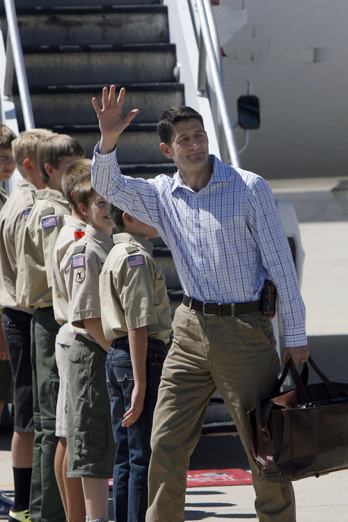 Francisco Kjolseth  |  The Salt Lake Tribune
Republican vice presidential nominee Paul Ryan arrives at the Provo Municipal Airport on Wednesday, Sept. 5, 2012, for a round of fundraising events.