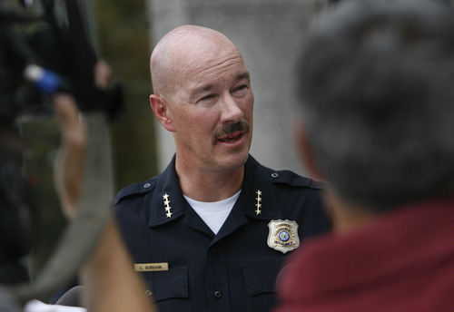 Scott Sommerdorf  |  The Salt Lake Tribune             
Salt Lake Police Chief Chris Burbank speaks to the press Thursday, Sept. 6, 2012, about a man who died in police custody. He said digital records from his officers' Tasers show the device wasn't used on Allen Nelson, despite what a witness says.