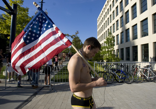 Kim Raff | The Salt Lake Tribune
Coleman Riebe waits for the beginning of the 5k Utah Undie Run in Salt Lake City, Utah on September 9, 2012. Thousands of people gathered in hopes of breaking last years record of 2,270 people which was the largest gathering of people wearing only underpants.