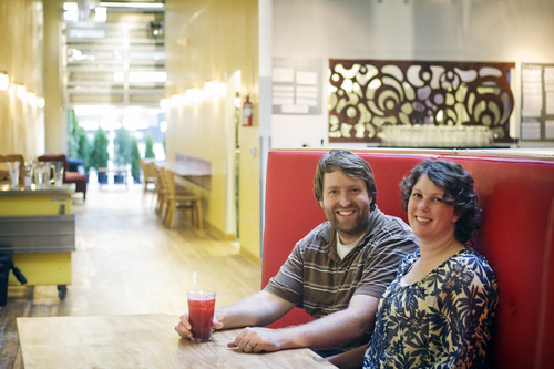 Kim Raff | The Salt Lake Tribune
CO2 Cafe opened in a newly renovated building on Main Street in Salt Lake City, Utah. (left) Mike Wirthlin, who owns the cafe with his wife (right) Niki Nichols, is a former analyst for the CIA who came to Salt Lake City to open a gathering place for the community.