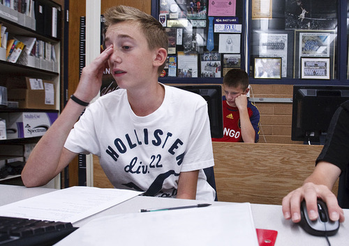 Leah Hogsten  |  The Salt Lake Tribune
Kyle Bell and his classmates at Lehi Junior High learn how to use a search engine in Michael Corbett's class September 5, 2012. While most teens are always plugged into some sort of technology, teachers and businesses are finding that Utah high school graduates lack a solid understanding of how their favorite Internet devices work.  The Utah Exploring Computer Science Initiative project seeks to address the problem of decreased enrollments in high school computer science classes and the increased need for computing professionals in the workforce.