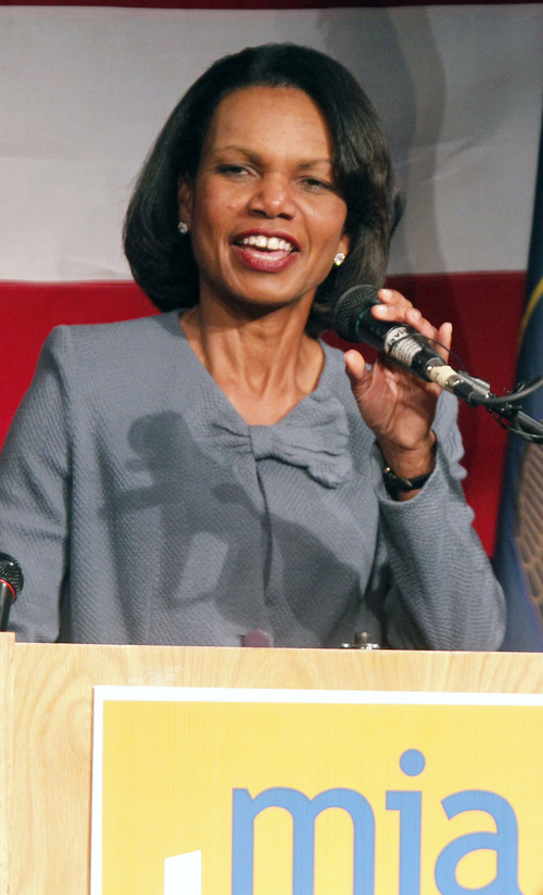 Al Hartmann  |  The Salt Lake Tribune
Former Secretary of State Condoleezza Rice speaks at Thanksgiving Point on Friday during a fundraising for 4th Congressional District candidate Mia Love.