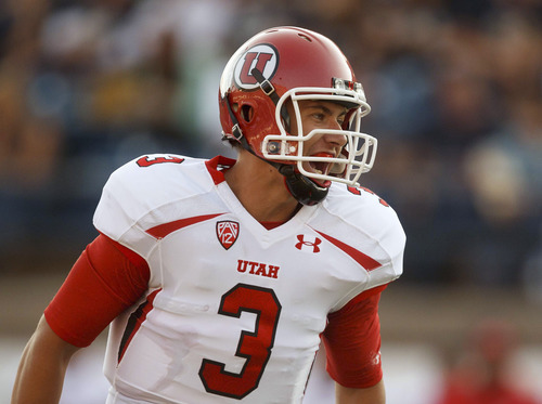 Utah's Jordan Wynn yells to his team during the first quarter against Utah State during an NCAA college football game Friday, Sept. 7, 2012, in Logan. (AP Photo/The Salt Lake Tribune, Trent Nelson)