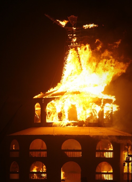 Rick Egan  | The Salt Lake Tribune 

Flames engulf The Burning Man, Saturday night, during Burning Man 2012, in the Black Rock Desert, NV, September 1, 2012.