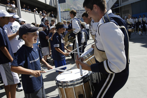 Chris Detrick  |  The Salt Lake Tribune
Members of the BYU marching band perform before the game against Weber State at LaVell Edwards Stadium Saturday September 8, 2012.