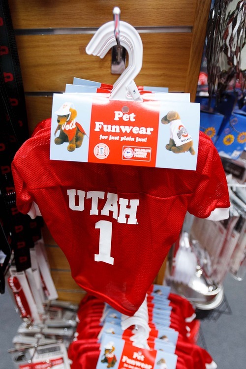 Trent Nelson  |  The Salt Lake Tribune
A football jersey for dogs, one of the many University of Utah-branded items for sale at the university's bookstore in Salt Lake City.