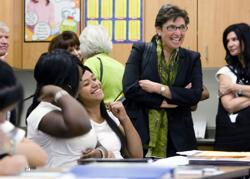 Kim Raff | The Salt Lake Tribune
U.S. Education Chief of Staff Joanne Weiss listens in on an 8th grade math class during a visit to Glendale Middle School, one of many stops on the Education Department's 2012 cross-country, back-to-school bus tour, 